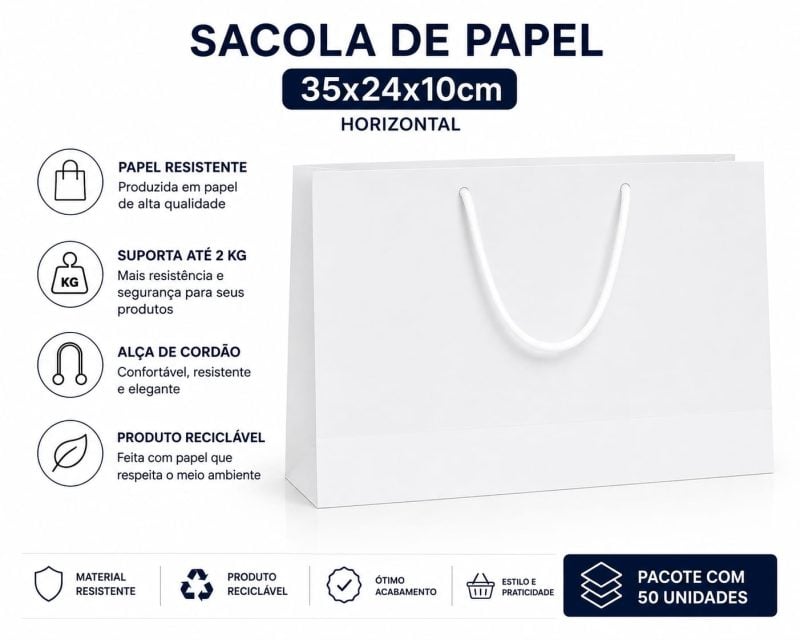 Sacola de papel branca 35x24x10 cm com alça de cordão kit com 50 unidades