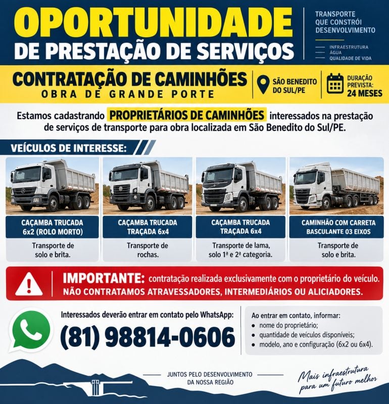 Oportunidade De Prestação De Serviços Contratação De Caminhões Obra De Grande Porte