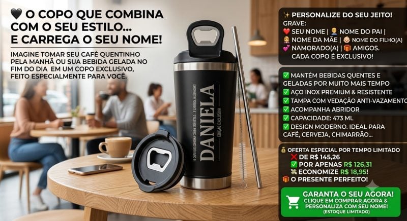 Personalizado - Copo Térmico Inox Com Tampa E Abridor ( 473 Ml) - Preto