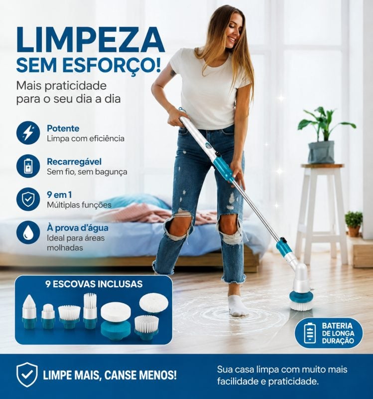Escova Elétrica de Limpeza Recarregável 9 em 1