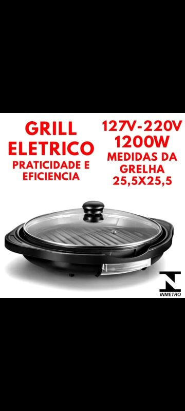 Grill Elétrico Redondo com Tampa de Vidro 1200W