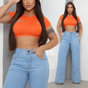 Calça Jeans Feminina Wide Leg Marmorizada Cintura Alta Empina Bumbum — foto 5