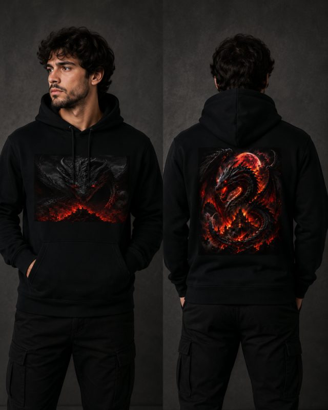 Moletom Canguru Dragão Negro dos Olhos Rubros Dark Fantasy Premium