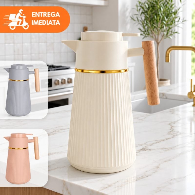 Garrafa térmica nórdica Berlim café 1 litro cabo de madeira luxo