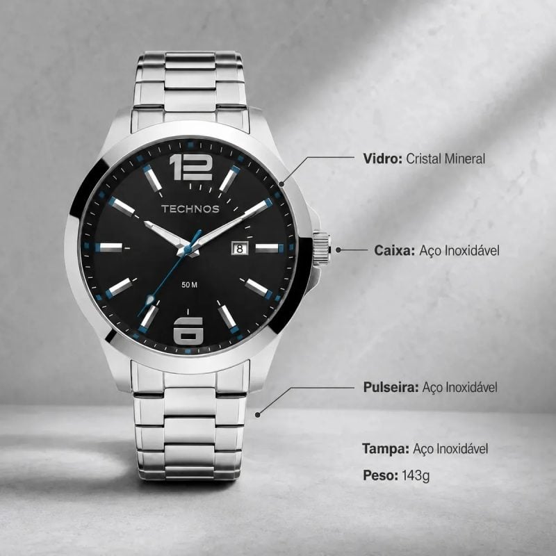 Relógio Technos Masculino 2115GU/1A 45 Milímetros Aço Inoxidável com Fundo Preto e Azul