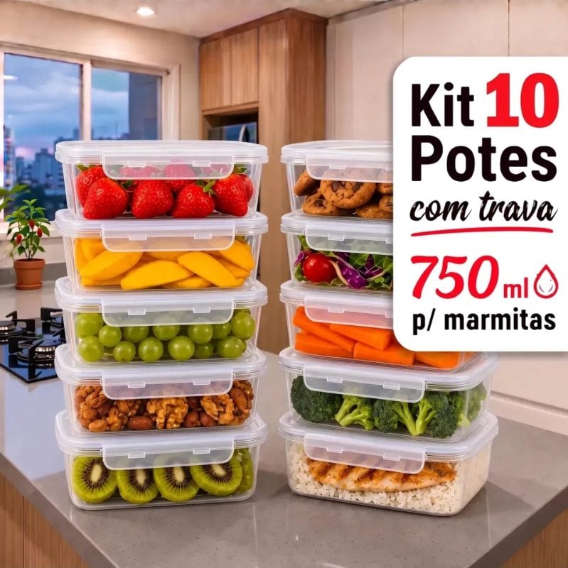 Kit 10 Potes 750ml Com Tampa Trava Plástico Transparente