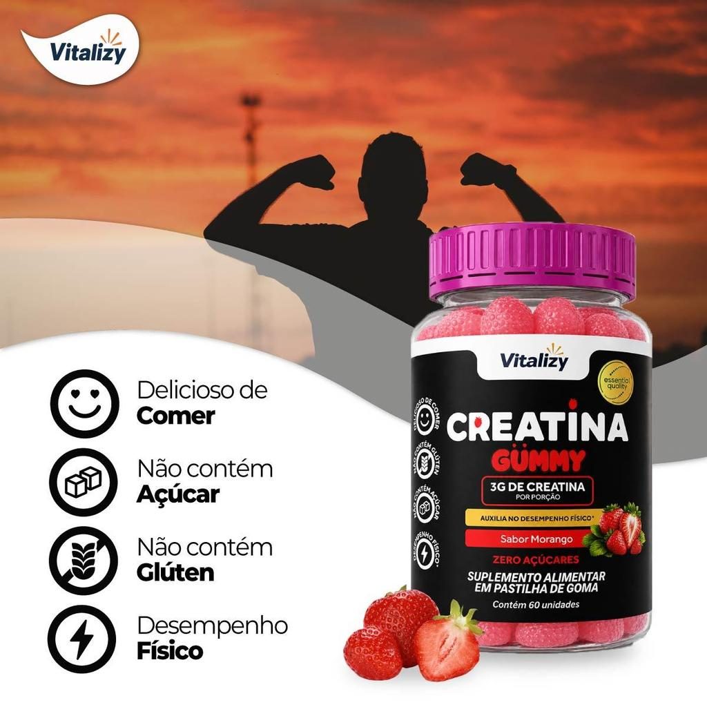 Creatina em Goma Gummy 3g Zero Açúcar 60 Gomas Sabor Morango Vitalizy — foto 2