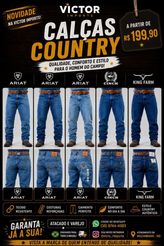 Calça country ariat,cinch,texas farm,king farm,wrangler rodeio country modelo americano balão