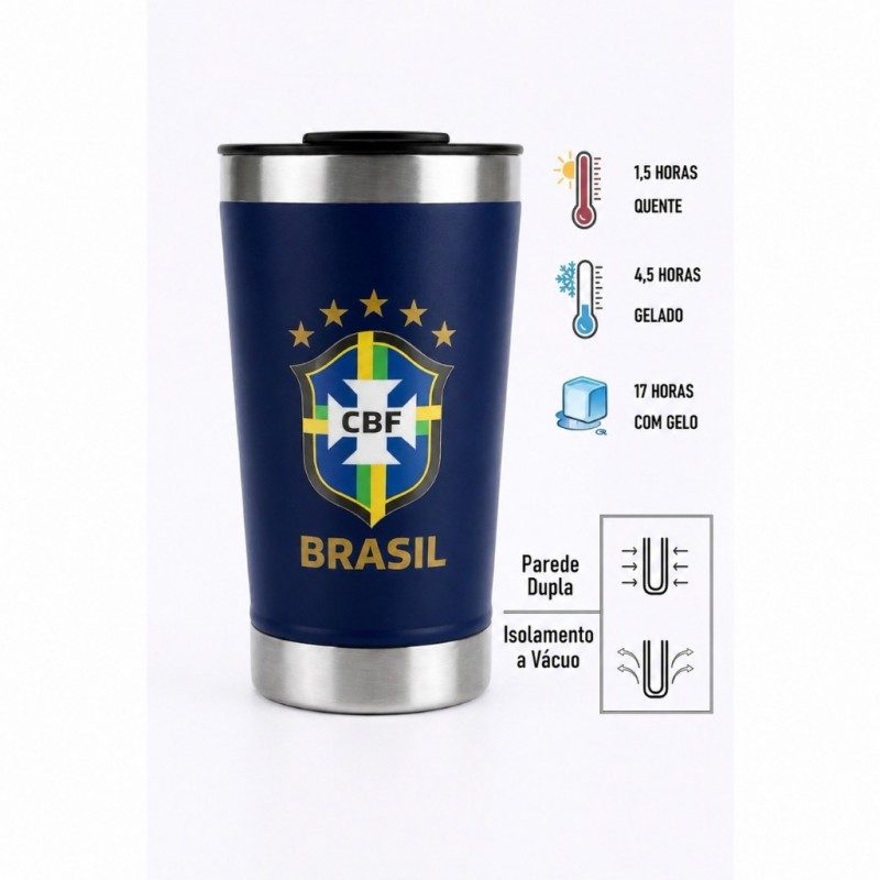 Copo Térmico Seleção Brasileira CBF Oficial 4,5h Gelado Inox 3 Cores