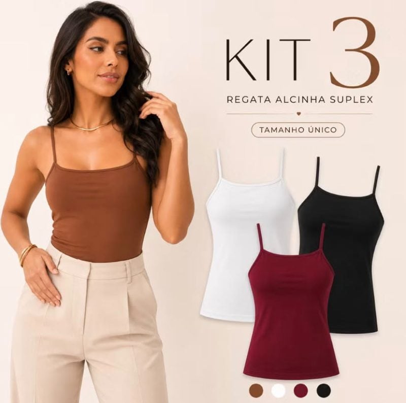 Kit 3 Blusa Regata Feminina Suplex Básica Alça Fina Lisa Forro Duplo Busto Blusinha