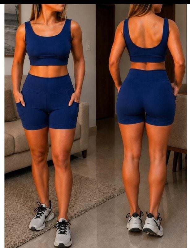 Conjunto fitness zero transparência top e bermuda alta compressão.