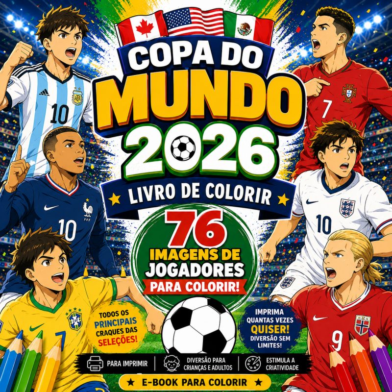 Livro para Colorir com 76 Imagens dos Principais Jogadores das Seleções da copa do Mundo 2026.