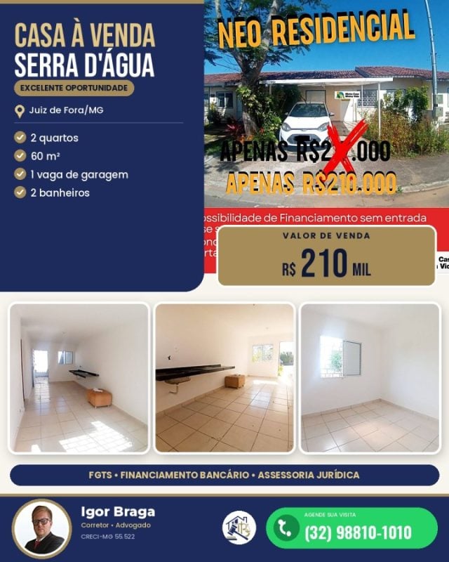 Casa para Venda em Juiz de Fora, Serra D`Água, 2 dormitórios, 1 banheiro, 1 vaga