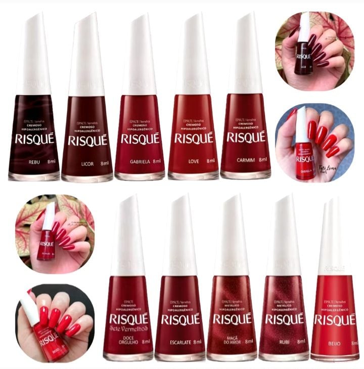 Kit 10 Esmaltes Risqué Coleção Tons de Vermelho Hipoalergénico 8ml