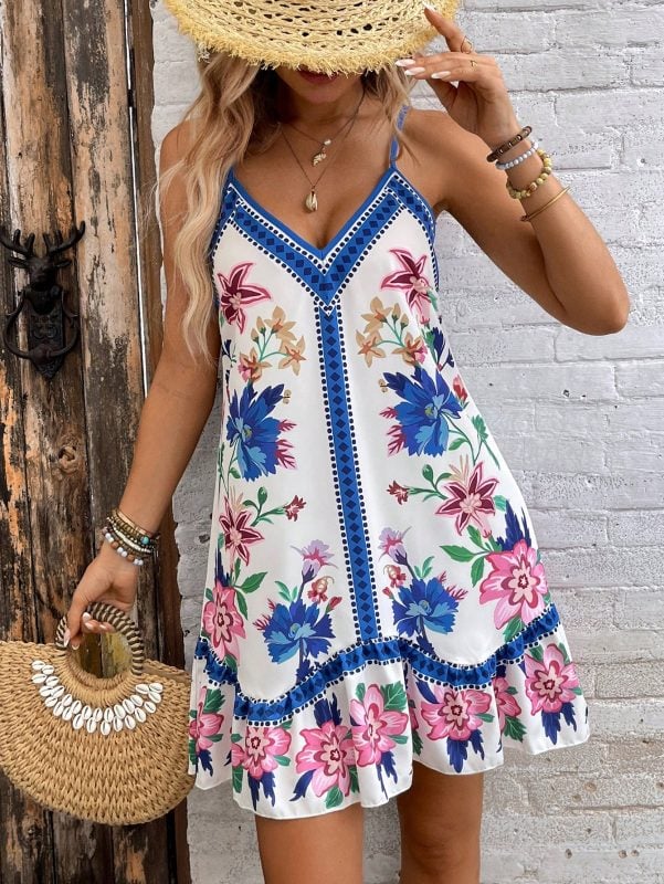 Floral de Verão Boho para Férias e Festa na Piscina, Alça Fina Ajustável,