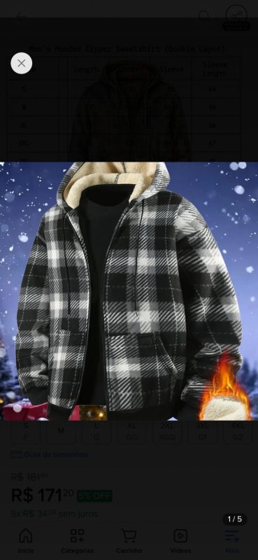 Jaqueta xadrez Masculina,lã de inverno