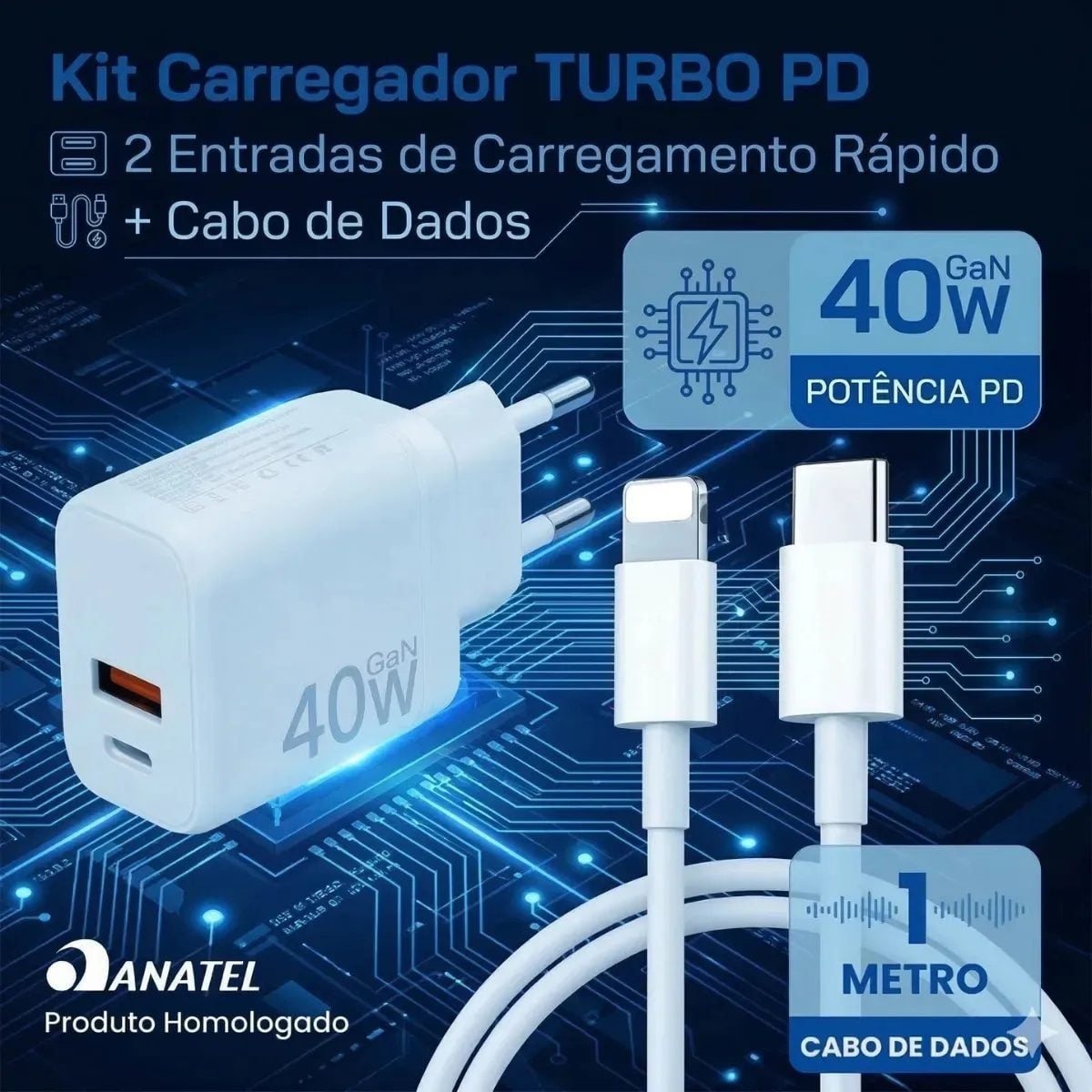 Carregador Turbo 40w Compativel Com iPhone 8 X Xr 11 12 13 14 Pro Max Usb Tipo C DuploCarr — foto 2