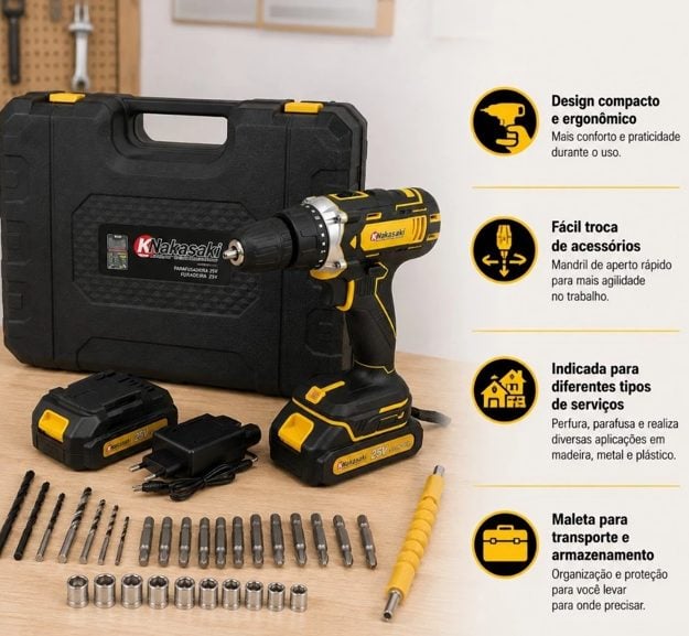 Parafusadeira Furadeira 25V Nakasaki Sem Fio a Bateria Profissional Kit Completo