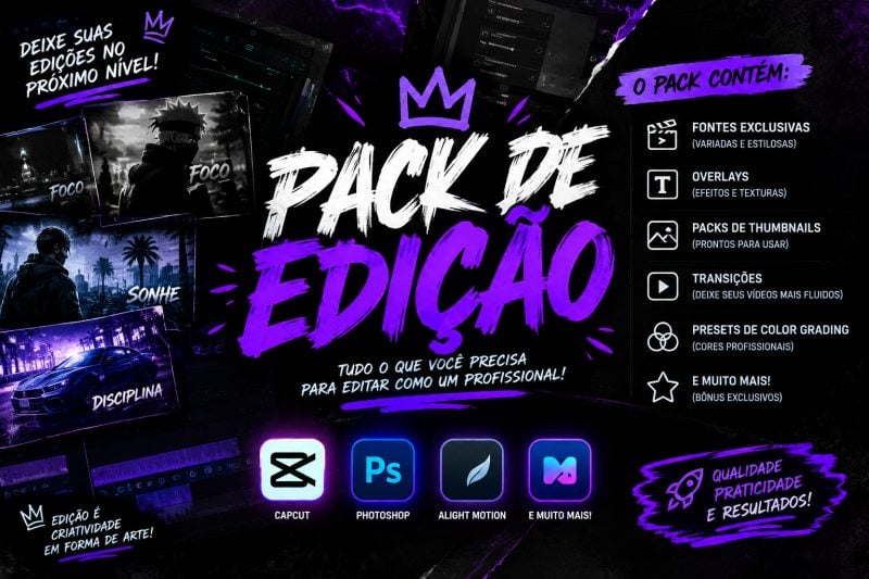 Pack de Edição de Vídeos com Fontes, Overlays, Presets, Transições e Thumbnails
