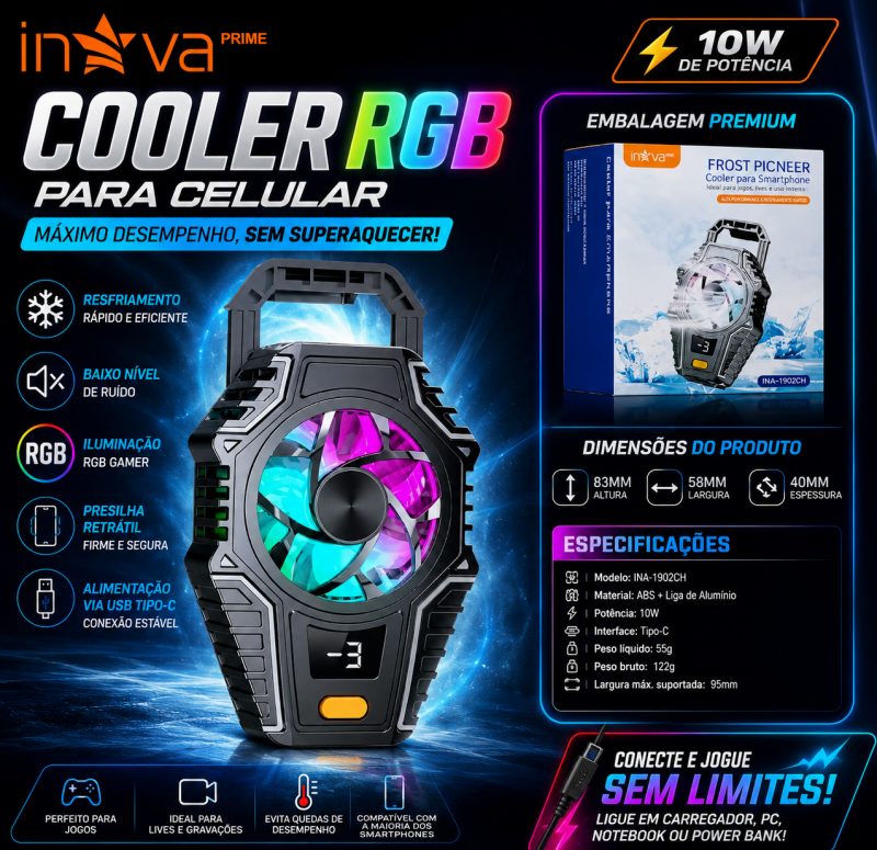 INOVA Cooler Gamer Turbo Radiador Celular Resfriamento Rápido com Radiador RGB