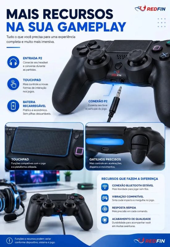 Controle Sem Fio Joystick REDFIN Bluetooth Compatível Para Ps4 Videogame Tv Samsung Pc P4
