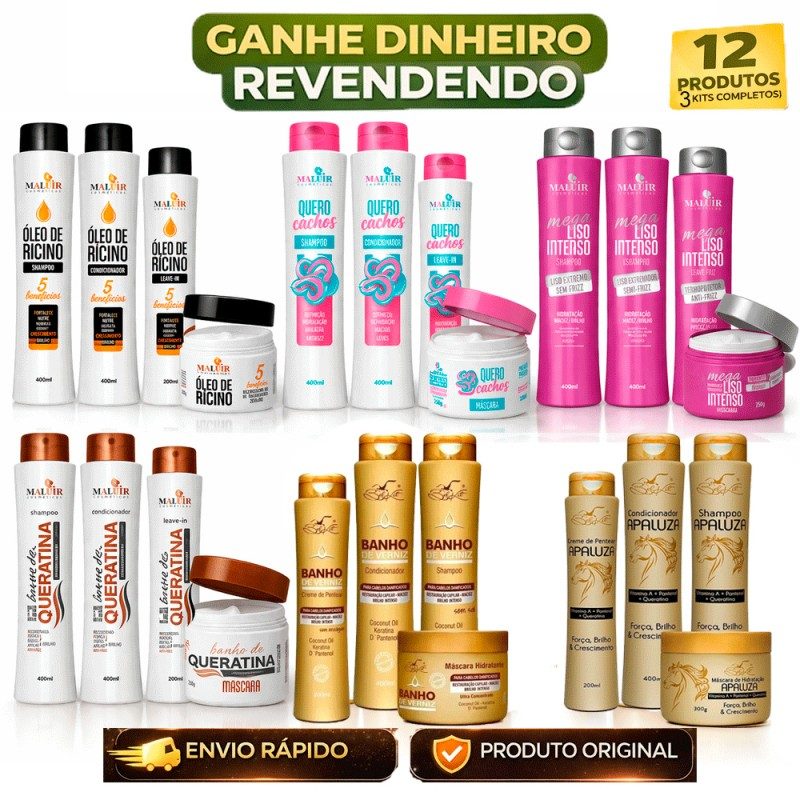 Kit 12 produtos shampoo condicionador máscara creme pentear