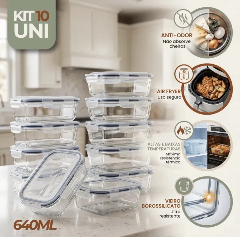 Kit 10 Pote De Vidro Marmita Hermético 640ml Freezer Fitness Rishon