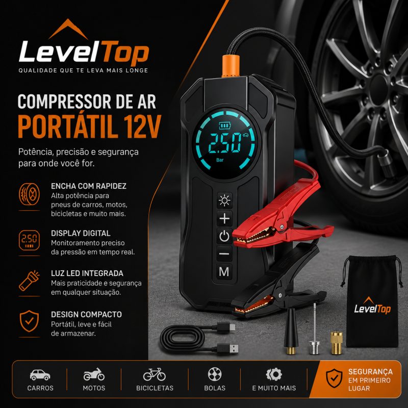 Bomba de Ar Portatil Compressor Inflator Multi-função 4 em 1