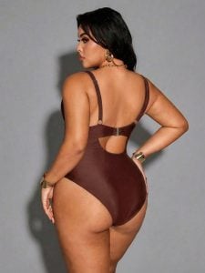Maiô Sexy de Uma Peça com Cruzamento Frontal em Cor Sólida para Mulheres Plus Size — foto 6