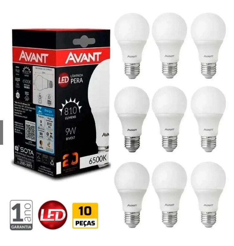 Kit com 10 Lâmpadas Led 9W Bivolt Branco Frio 6500K Avant